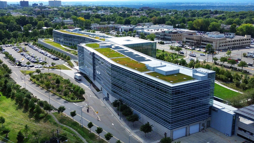 Aerial view of LG Electronics’ North American headquarters on Sylvan Avenue in Englewood Cliffs